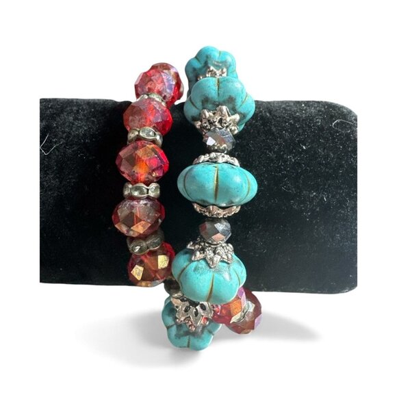 Turquoise & Red Beaded Stretch Bracelets With Silver Accents - Picture 4 of 6